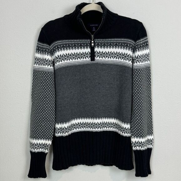 L.L. Bean Black Grey Fair Isle Quarter Zip Pullover Sweater M - Picture 1 of 8